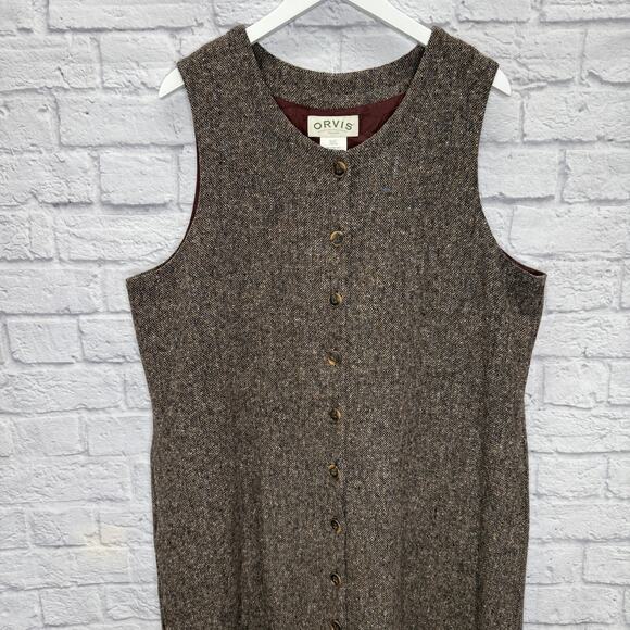 Vintage Orvis Wool Jumper Sleeveless Dress Size 18 Brown Button Front Tweed - Picture 3 of 5